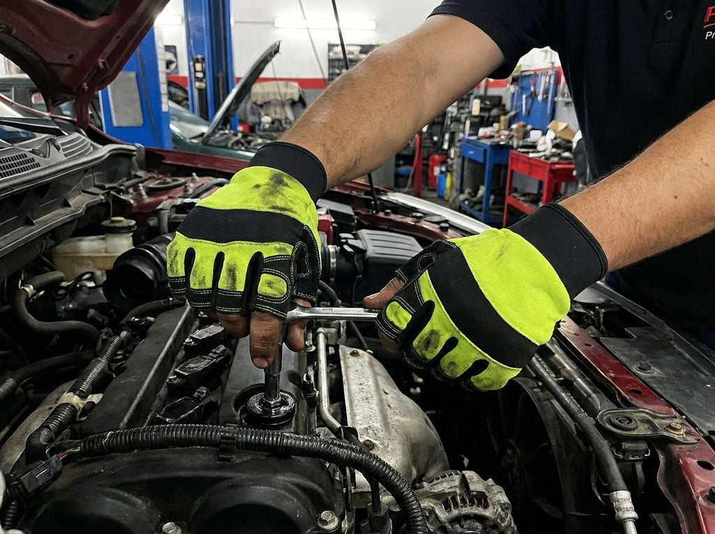 Tuff Gard Synthetic Leather Fingerless Mechanic Gloves Hi-Viz Green