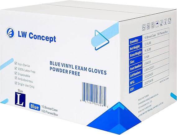 LW Blue Vinyl Synthetic Exam PF Gloves, 3 mil CLWVBL3