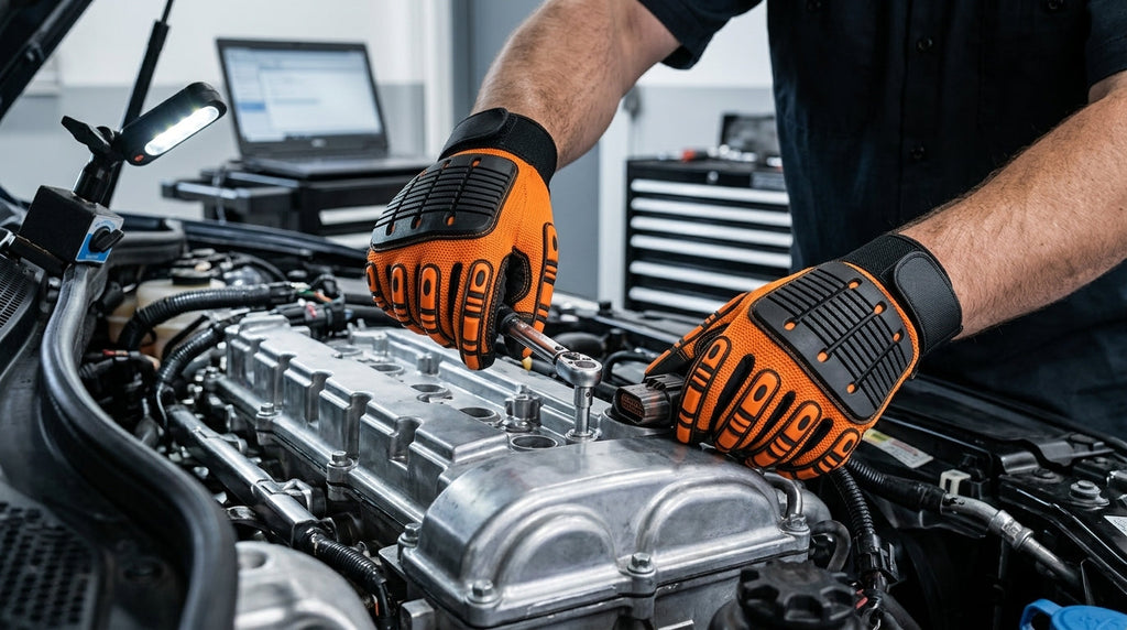 VizoCare Tuff Gard Mechanic Gloves Anti-Vibration Black and Orange