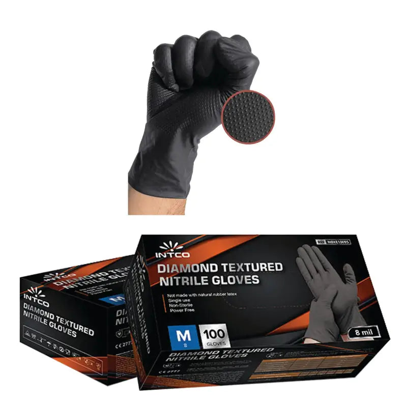 Black INTCO DIAMOND TEXTURED NITRILE GLOVES, 8mil $11.40/Box CINNBK8 Black INTCO DIAMOND TEXTURED NITRILE GLOVES, 8mil $11.40/Box CINNBK8