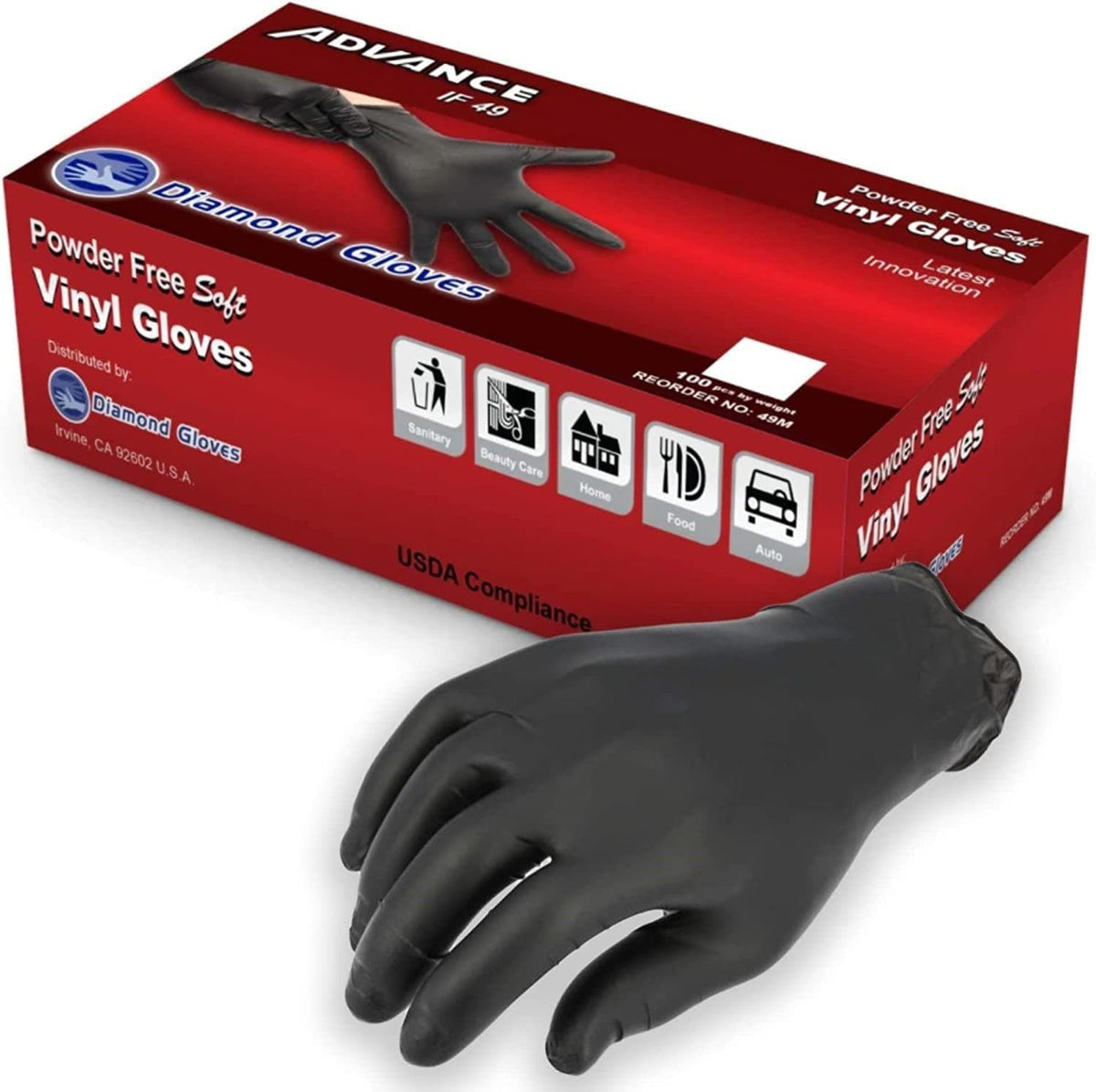 Diamond Advance Black Vinyl Industrial Gloves (3 Mil), 100/BX 10 BX/CS